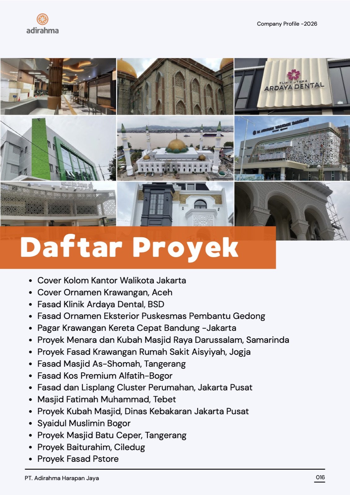Cuplikan company profile berisi foto dan daftar proyek PT. Adirahma Harapan Jaya